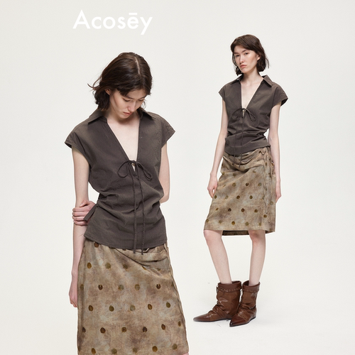 ACOSEY 设计感棉混色纺纱复古V领绑带上衣