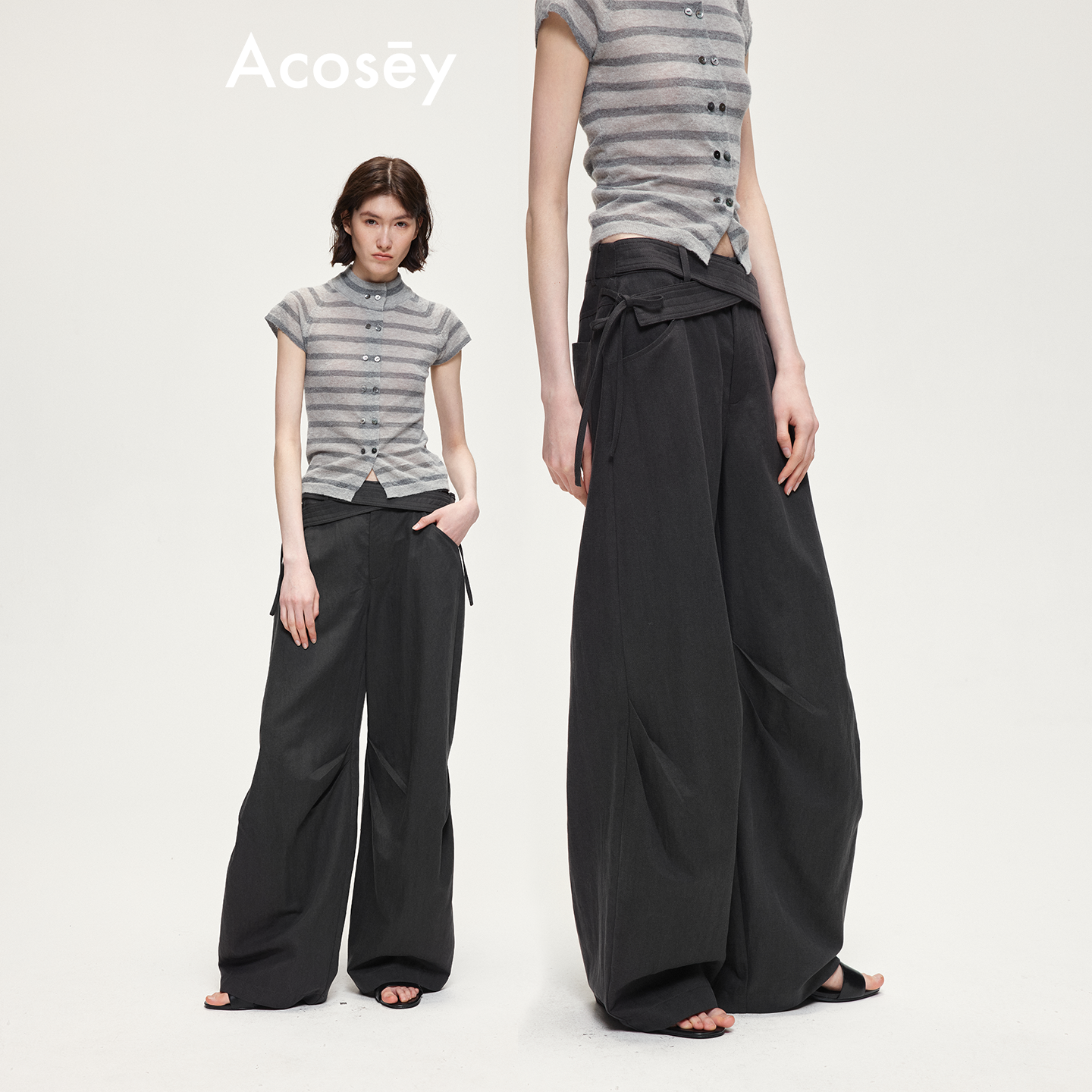 ACOSEY 设计感腰头双绑带设计压褶休闲西裤弯刀裤