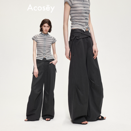 ACOSEY 设计感腰头双绑带设计压褶休闲西裤弯刀裤