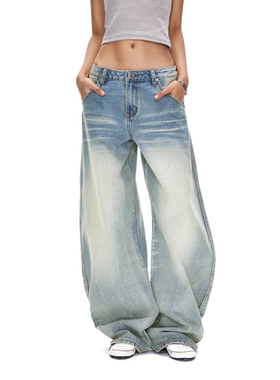 ACOSEY 25SS 复古浅蓝色中低腰全棉压皱猫须马骝弯刀不踩脚牛仔裤