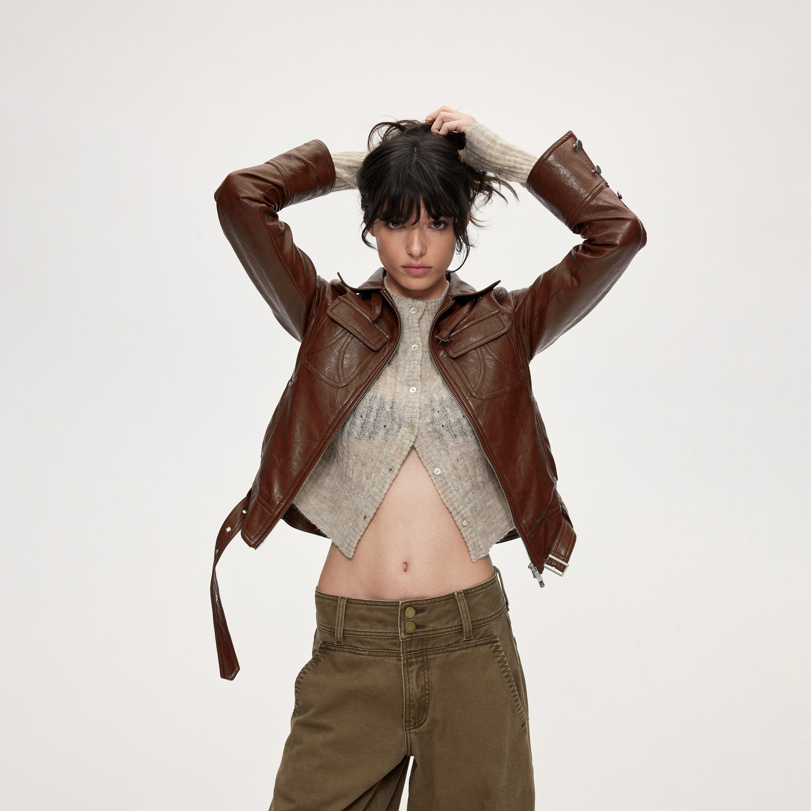 ACOSEY 25FW 千禧复古肌理油亮纸质褶皱感皮革机车休闲外套