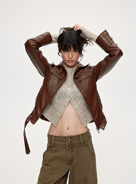 ACOSEY 25FW 千禧复古肌理油亮纸质褶皱感皮革机车休闲外套