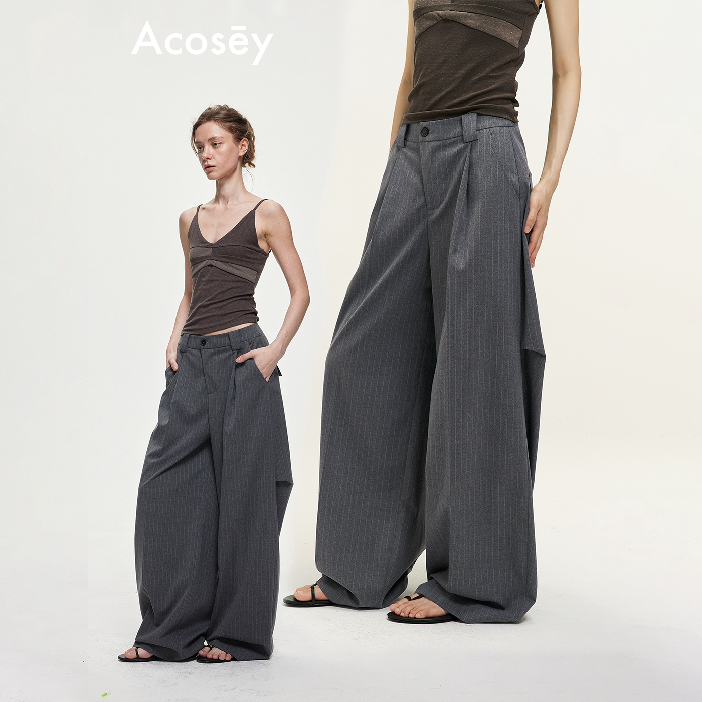 ACOSEY 暗条纹深灰垂坠感立体打褶高腰阔腿休闲西裤图片