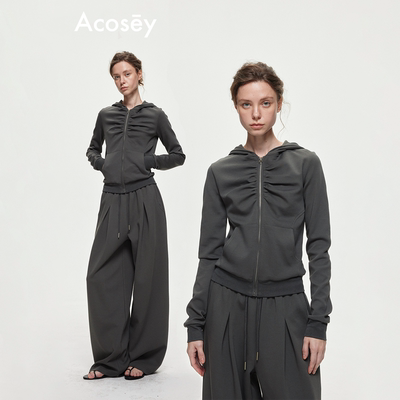 ACOSEY 棉混纺抽褶连帽休闲拉链开衫卫衣