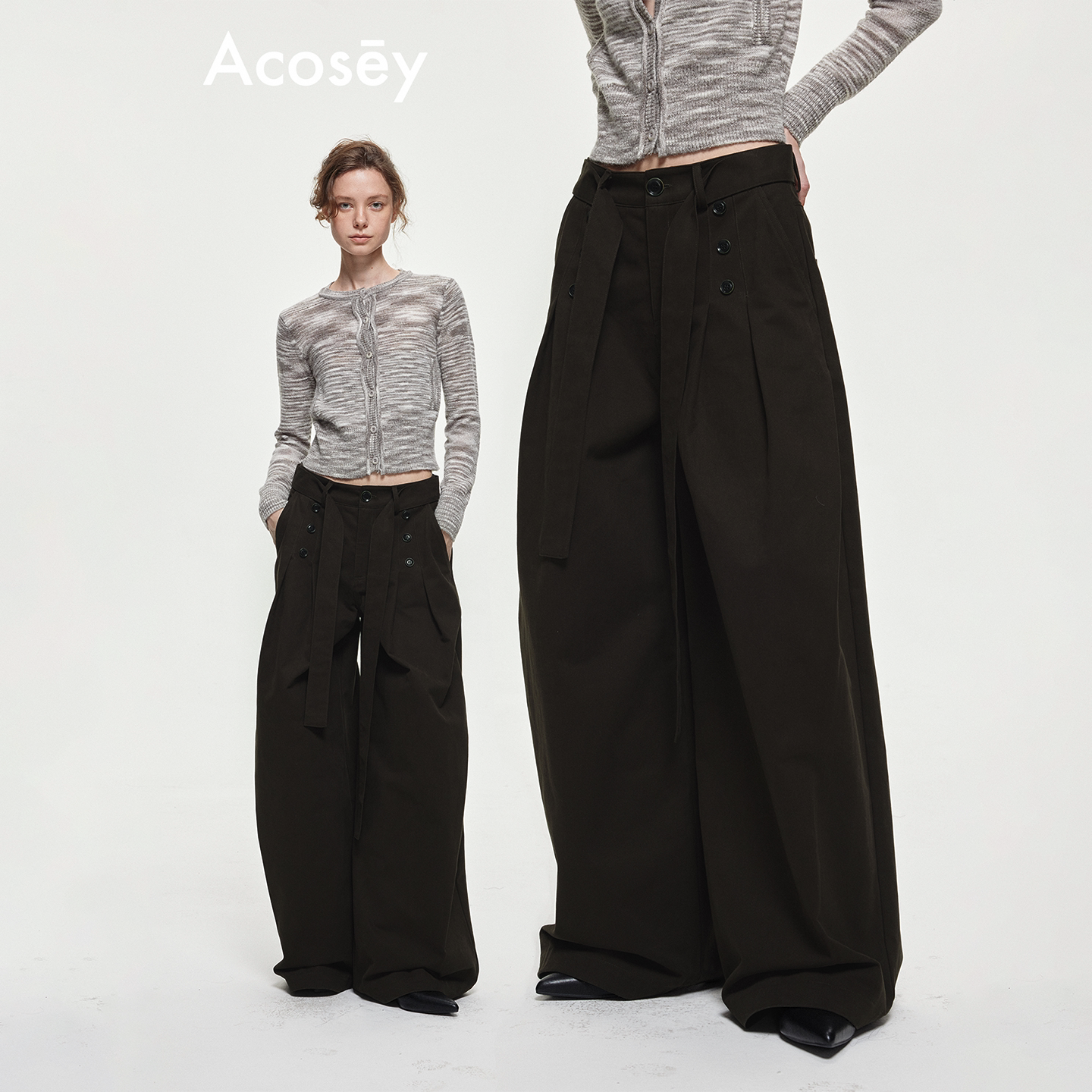 ACOSEY 纯棉双排扣系带打褶休闲阔腿裤图片