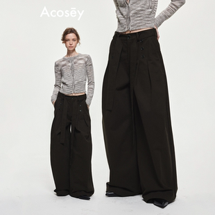 ACOSEY 纯棉双排扣系带打褶休闲阔腿裤