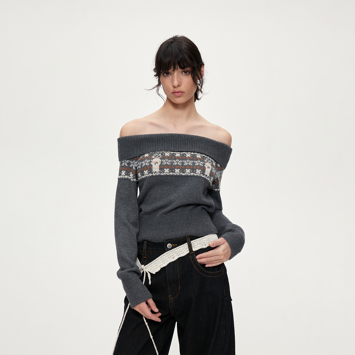 ACOSEY 费尔岛提花设计感羊毛混纺一字肩毛织上衣