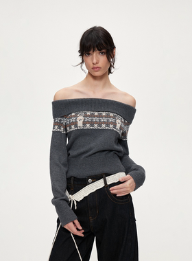 ACOSEY 费尔岛提花设计感羊毛混纺一字肩毛织上衣