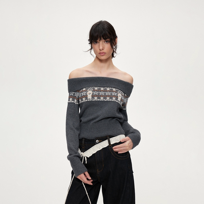 ACOSEY 费尔岛提花设计感羊毛混纺一字肩毛织上衣