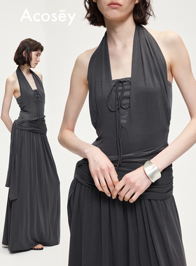 ACOSEY 原创设计天丝绵羊毛挂脖绑带设计条纹拼接垂感连衣裙