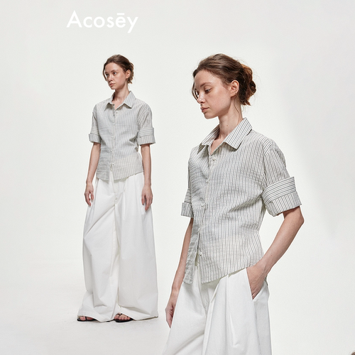 ACOSEY 肌理感泡泡纱竖条纹宽松落肩翻折袖口抗皱通勤休闲衬衫T恤