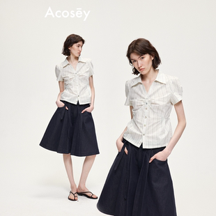 上衣衬衫 短款 设计感条纹压褶设计修身 ACOSEY