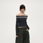 露肩上衣 针织复古高级感极简一字肩撞色针织修身 ACOSEY 25FW