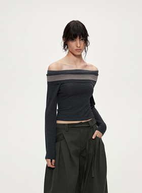 ACOSEY 25FW 针织复古高级感极简一字肩撞色针织修身露肩上衣