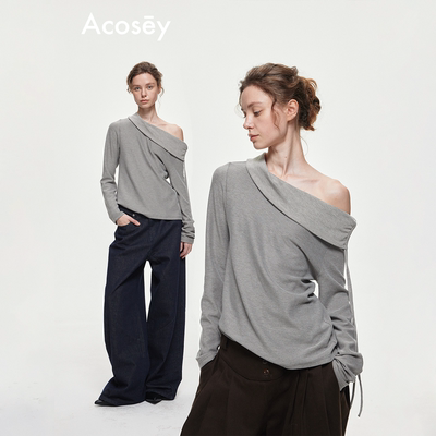 ACOSEY 翻领设计感斜肩抽褶系带休闲长袖上衣
