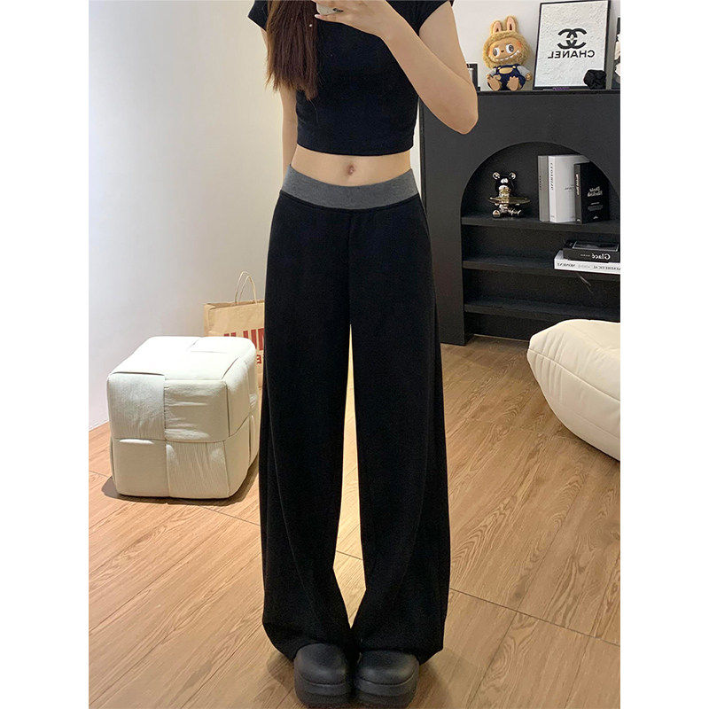 黑色拼接休闲运动裤女春季新款胖妹妹mm高腰宽松显瘦阔腿拖地裤子