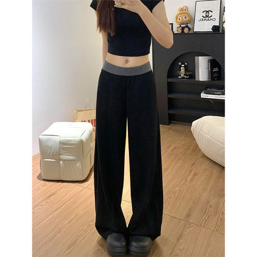 黑色拼接休闲运动裤女春