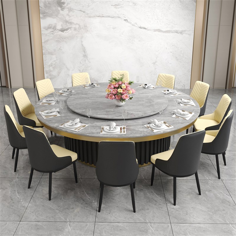 酒店电动餐桌大圆桌宴会饭店包厢15人G20人岩板自动转盘餐桌带火