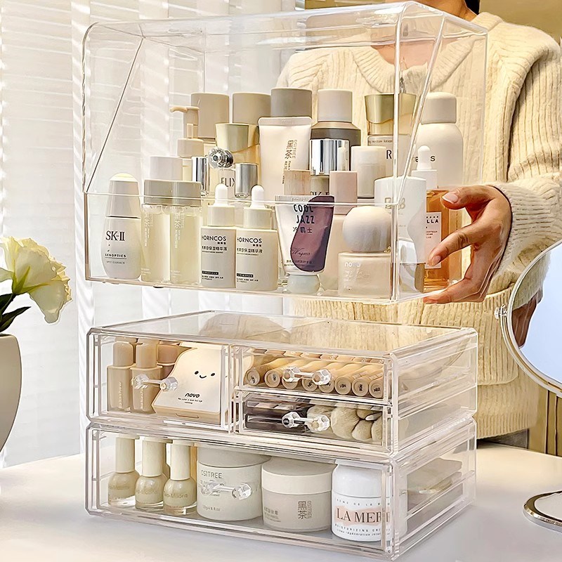 化妆品收纳盒f桌面防尘梳妆台护肤品口红置物架透明亚克力整理箱