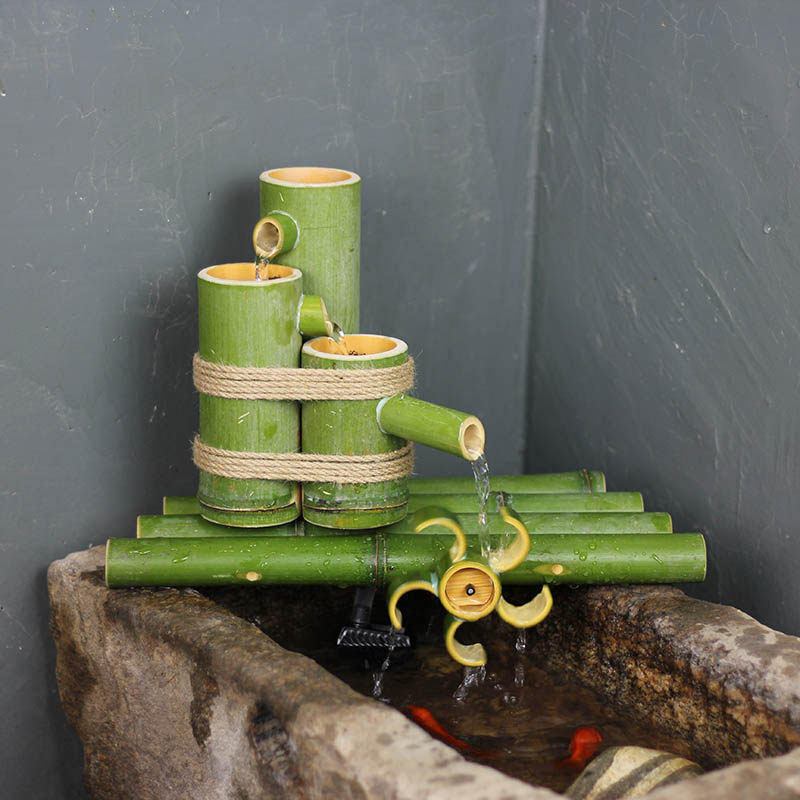 竹流水摆件  鱼缸石槽循环流水过滤C器 水景缸造景 风水轮水车摆