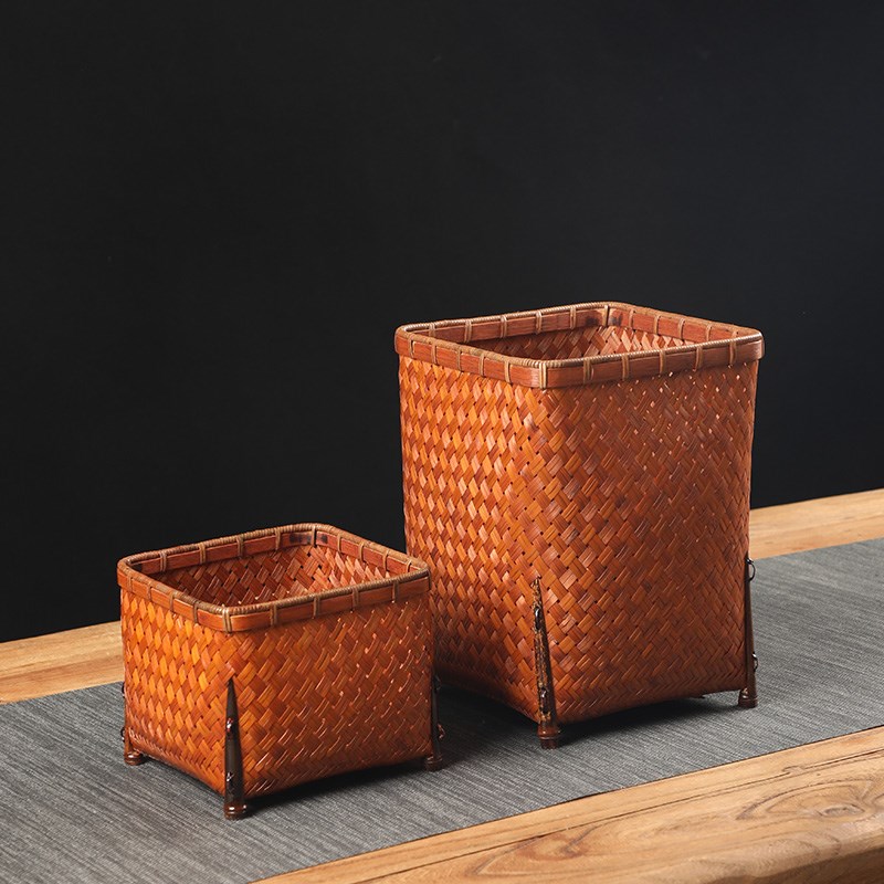 手工竹编大漆收纳筐复古中式家用水果篮编织竹篮书画筐Z茶具整理