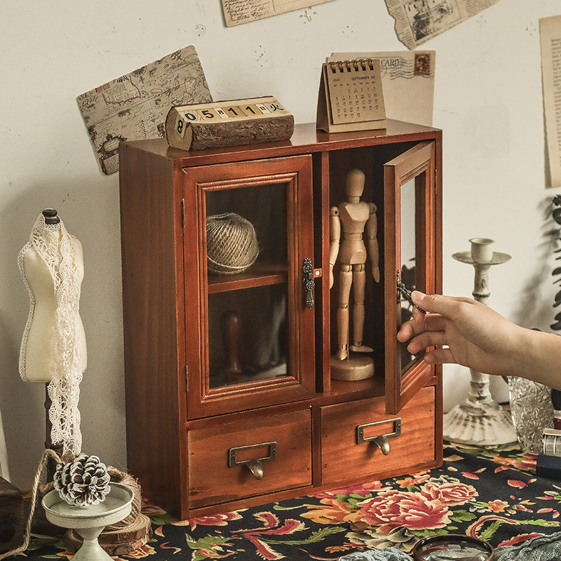 办公室杯子文具桌面收p纳盒口红化妆品复古木质抽屉置物架玻璃防