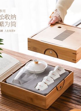 旅行茶具套装一壶四杯 收纳盒 便携竹制茶盘L 手绘盖碗茶杯 茶点