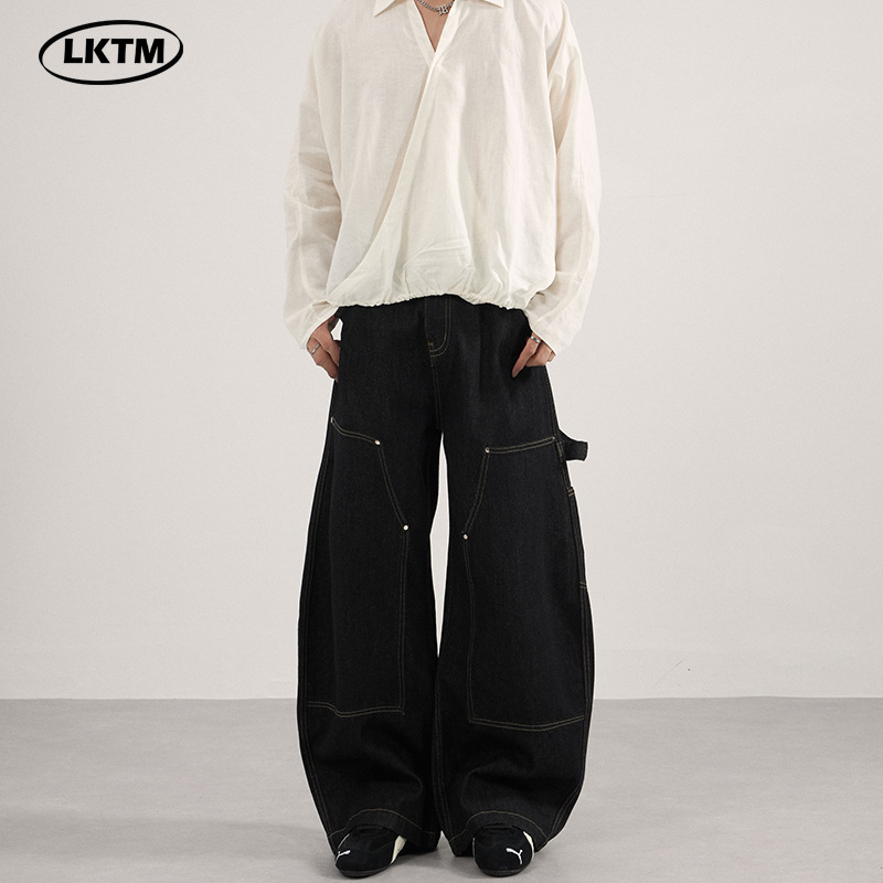 LKTM男装 复古原牛黑色双膝伐木工装裤男女宽松设计感弯刀牛仔裤