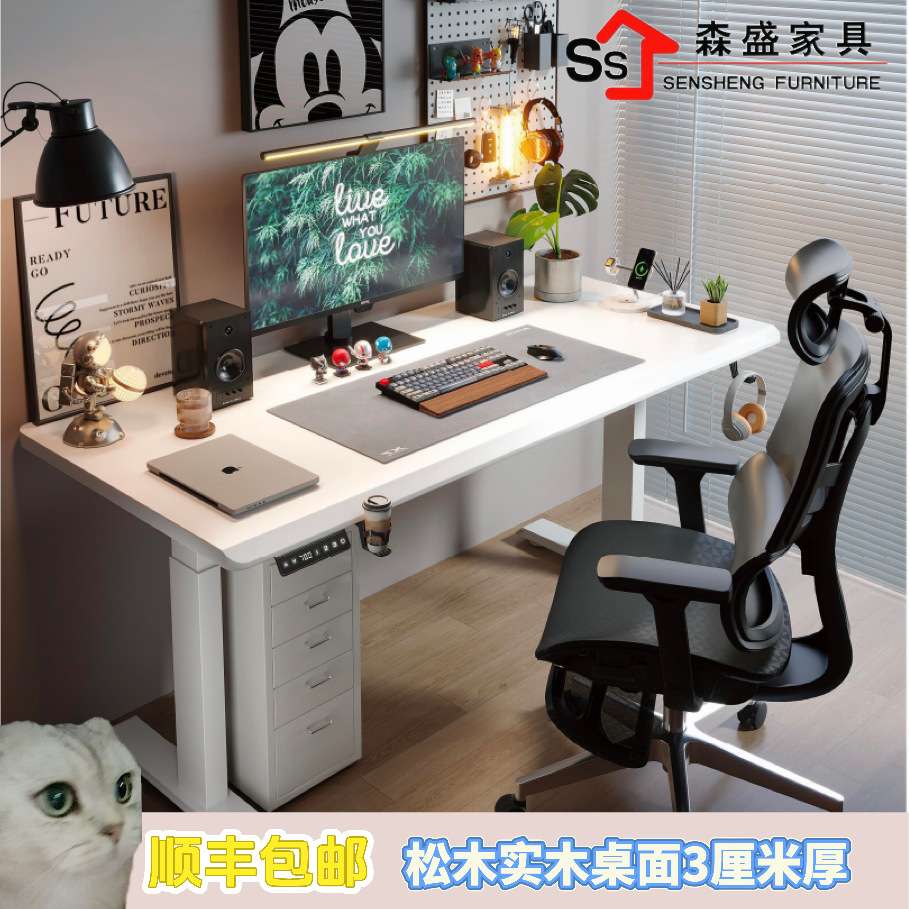 电动升降桌实木智能电脑桌新desk电竞桌子家用升降式学习办公书腿