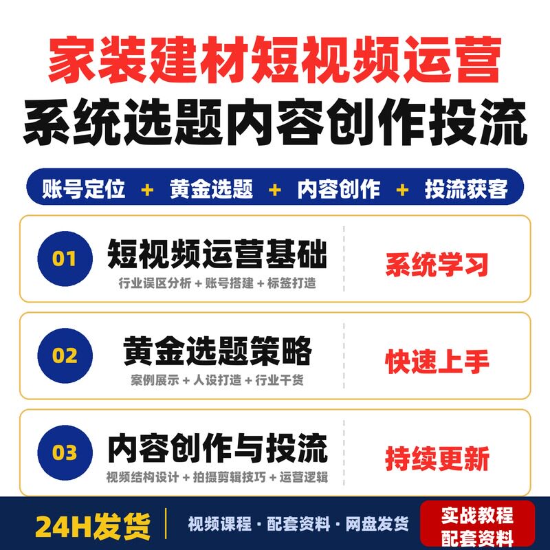 家装建材短视频运营系统课账号定位黄金选题内容创作与投流图片
