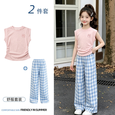 女童甜美刺绣蓝格阔腿裤两件套