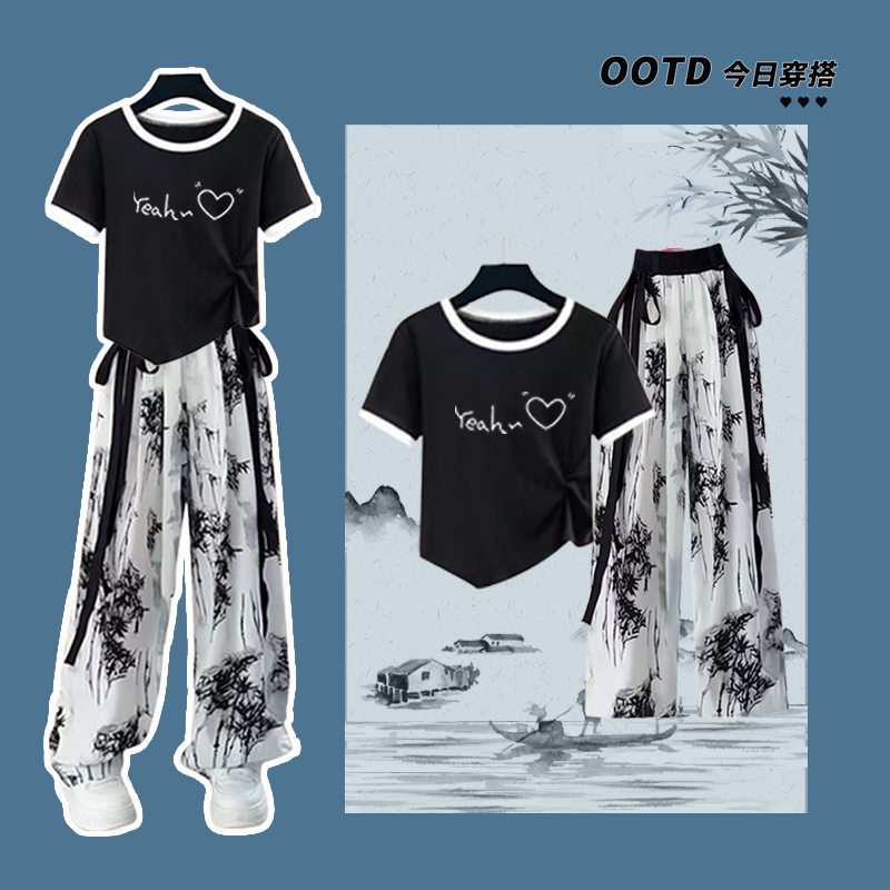 中大童女童夏季新中式洋气学生新款不规则短袖T恤+国风水墨裤套装