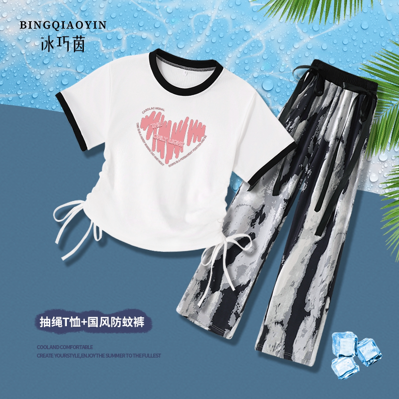 中大童女童夏季洋气学生新款不规则抽绳短袖T恤女+国风水墨裤套装