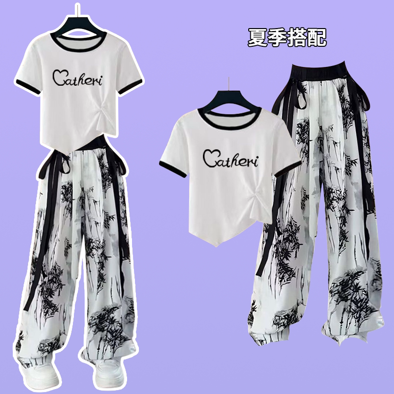 中大童冰丝短袖国风晚杏裤2026新款学生儿童洋气时髦夏季女童套装