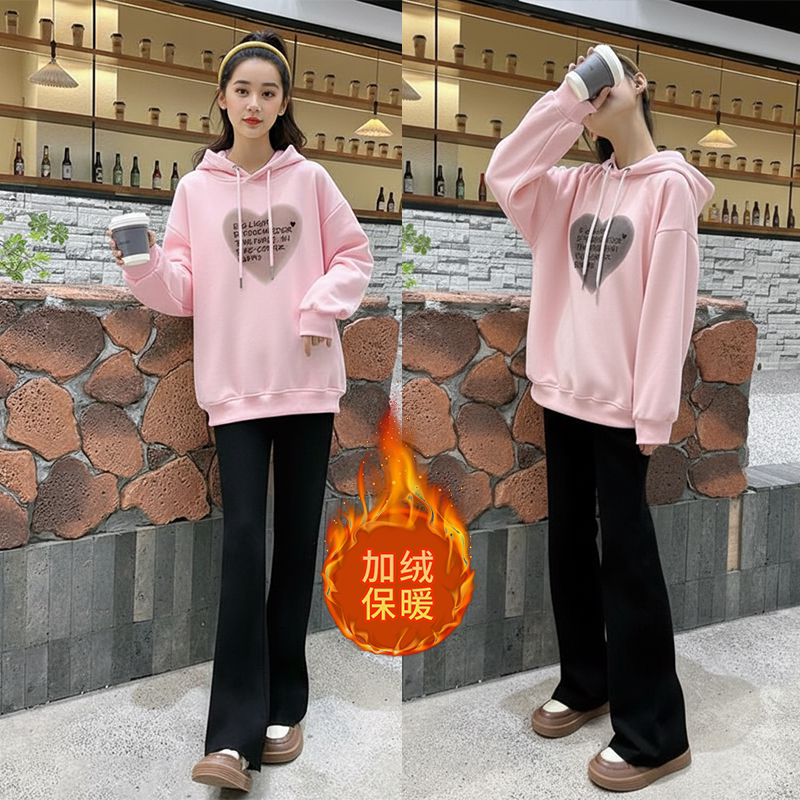 女童秋冬季套装新款中大童加绒连帽卫衣洋气学生微喇裤子两件套