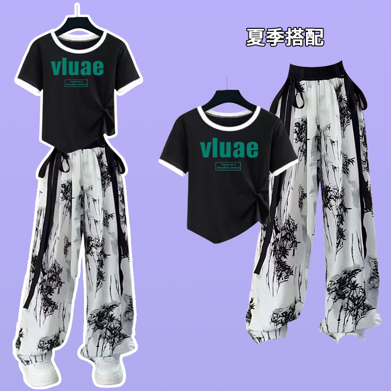 中大童少女夏季新款短袖洋气时尚休闲国风晚杏裤冰丝女童夏装套装