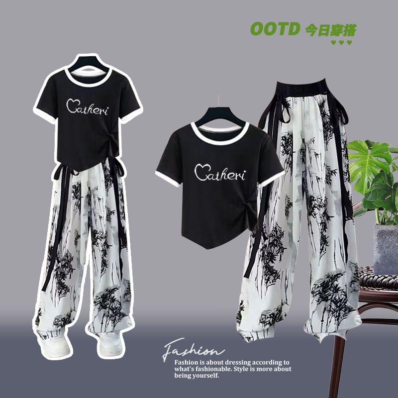 中大童女学生夏季洋气新款抽绳不规则短袖T恤+时尚国风水墨裤套装
