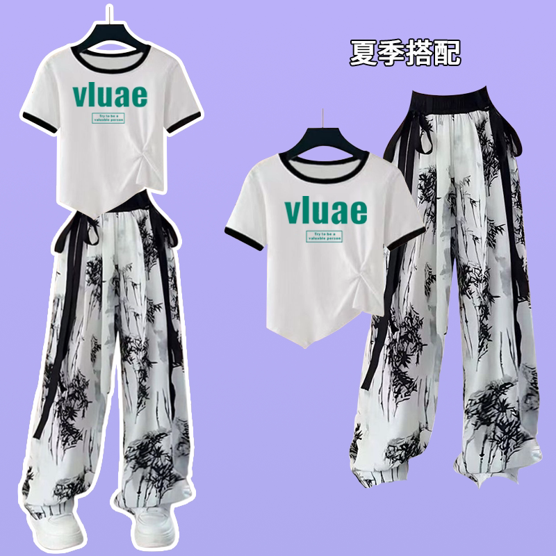 女童夏季套装不规则短袖T恤洋气高腰国风休闲晚杏裤学生时尚套装