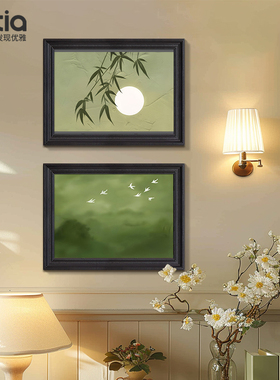 中古风玄关装饰画背景墙竹子挂画复古油画法式壁画级感