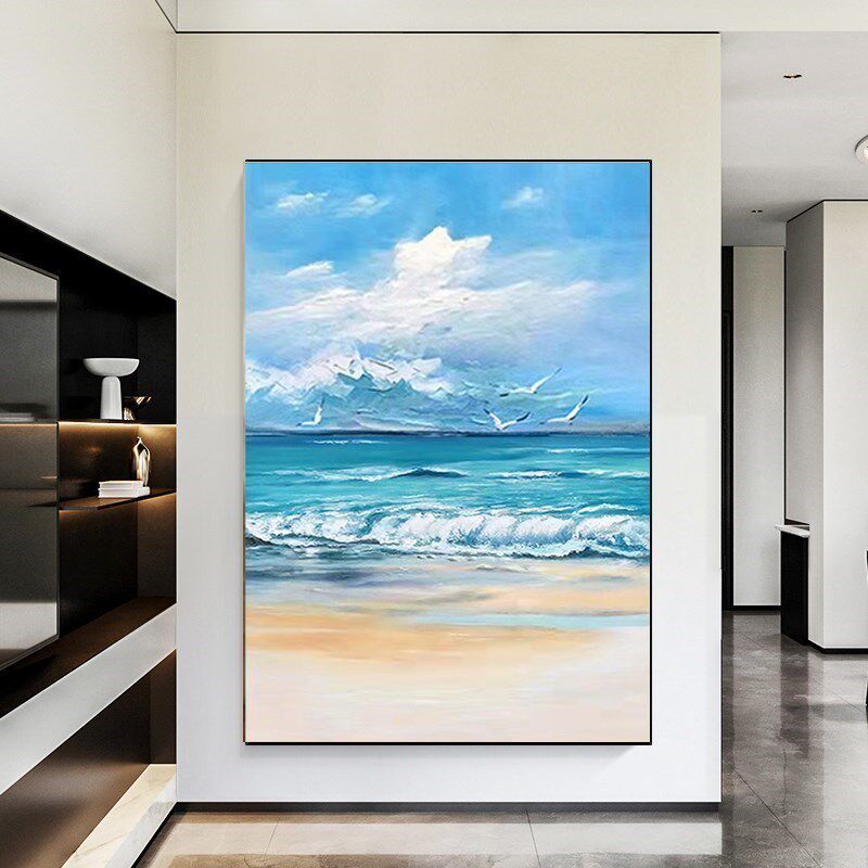 手绘大海风景油画玄关装饰画过道客厅背景墙现代走廊过道挂画