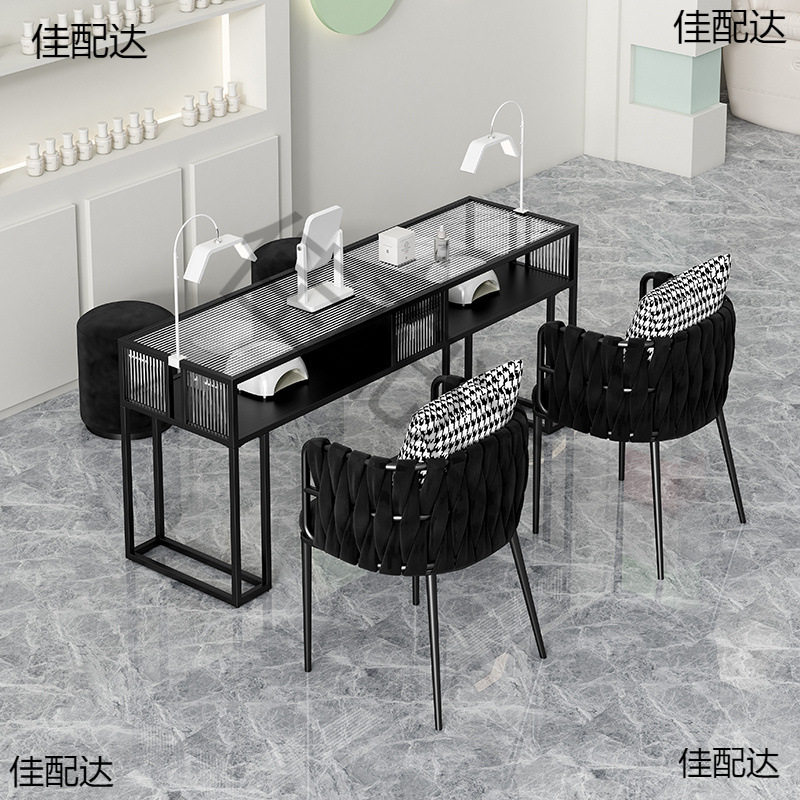 黑色玻璃双人时尚美甲桌椅套装