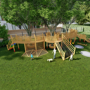 户外小区儿童围树木质滑梯庭院攀爬滑大型廊架组合滑梯游乐设施