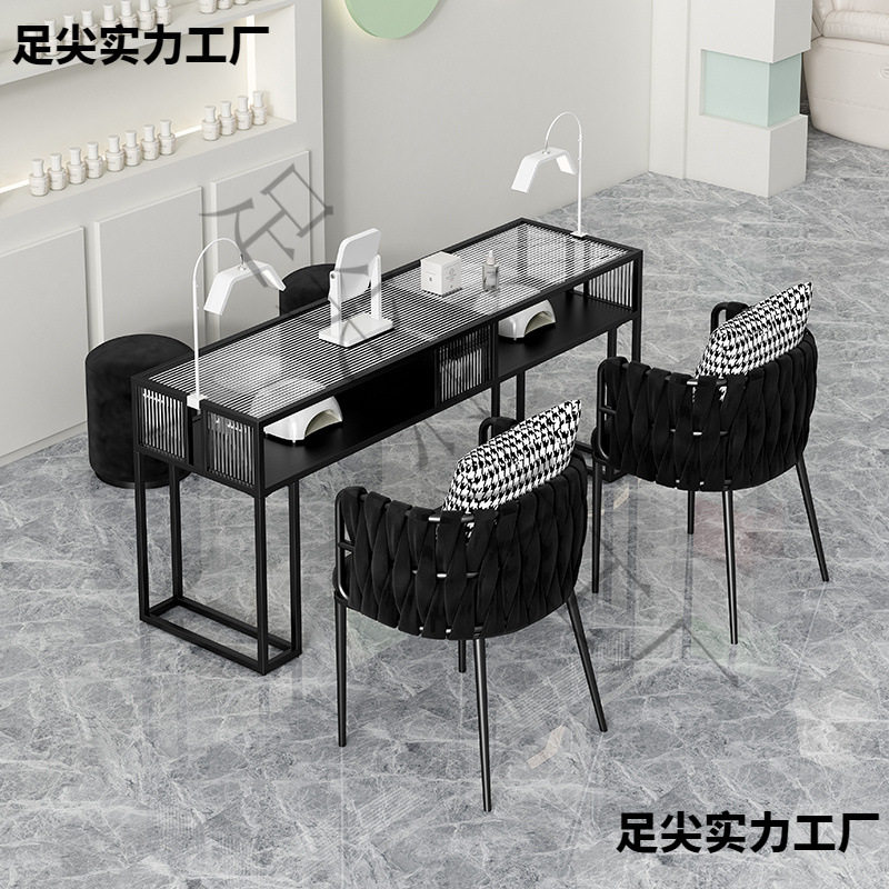 黑色玻璃双人美甲桌椅套装