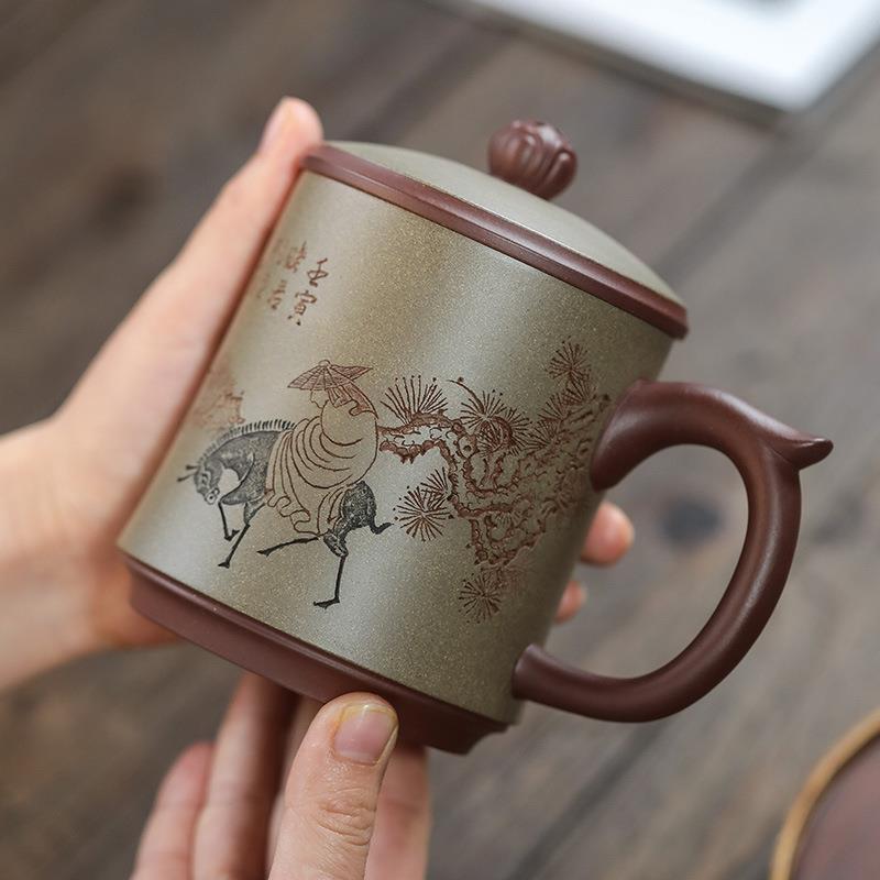 紫砂杯宜兴原矿名家工艺师泥绘刻绘自在画办公室大容量泡茶杯茶具