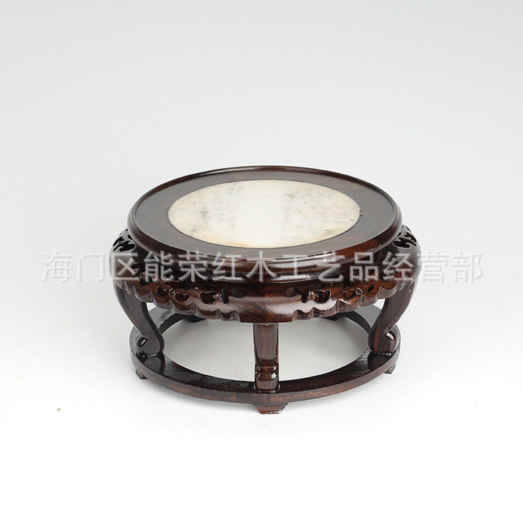 黑檀嵌大理石圆底座实木中式工艺品摆件奇石头花瓶底座木质托架