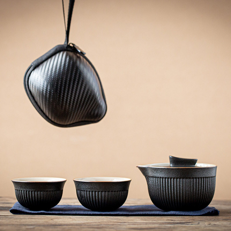 黑陶旅行茶具套装一壶二杯快客杯功夫户外便携式随身泡茶壶