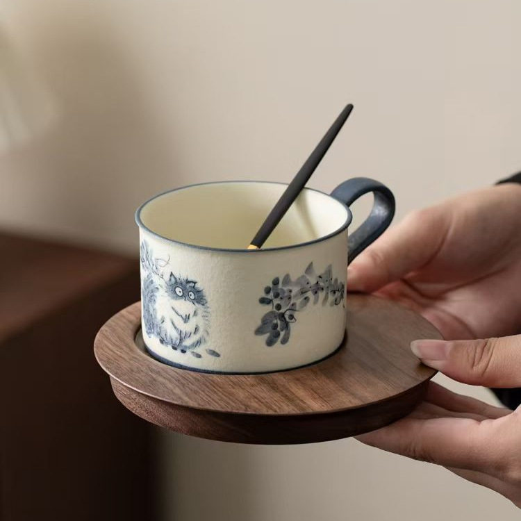 毓祥福猫青花咖啡杯子高档下午茶水杯精致陶瓷拉花杯个人专用茶杯
