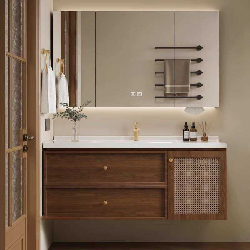 法式中古风藤编浴室柜红橡木组合卫生间陶瓷一体盆洗手洗脸洗漱台