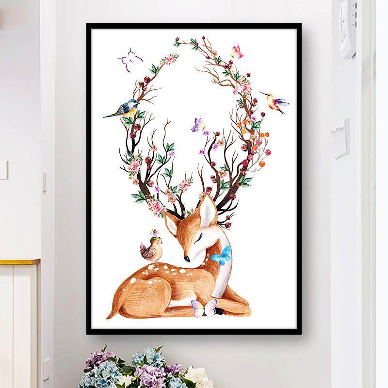梅花鹿十字绣2024新款线绣客厅画卧室画麋鹿简约发财鹿小幅自己绣