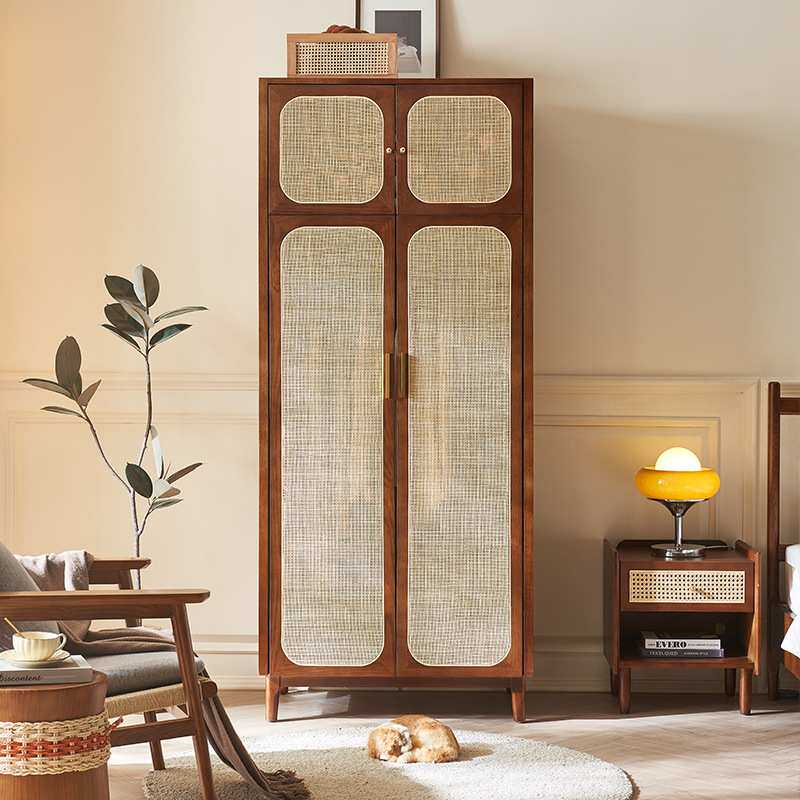 北欧实木衣柜家用复古卧室收纳储物柜现代简约小户型藤编双门衣橱